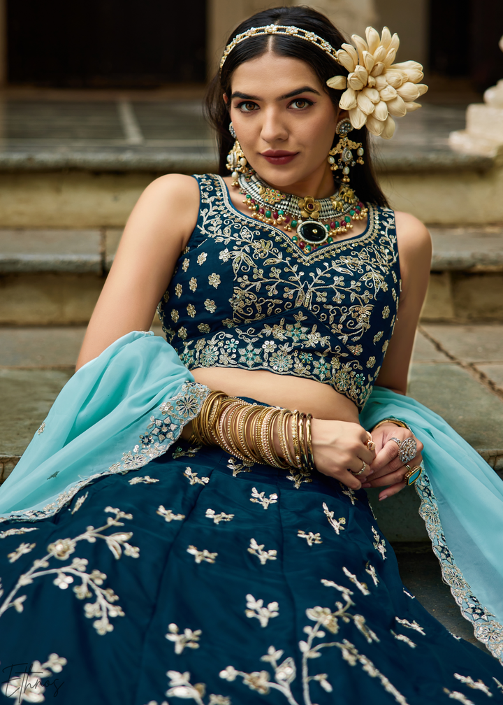 Sapphire Cobalt Radiant Blossom Organza Lehenga