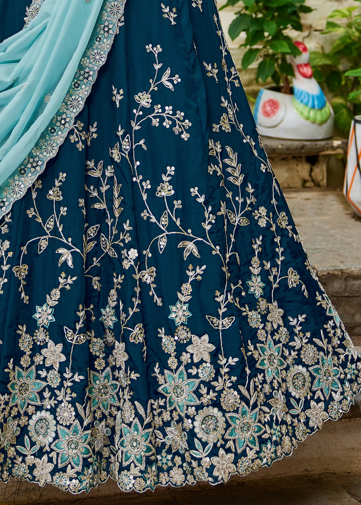 Sapphire Cobalt Radiant Blossom Organza Lehenga