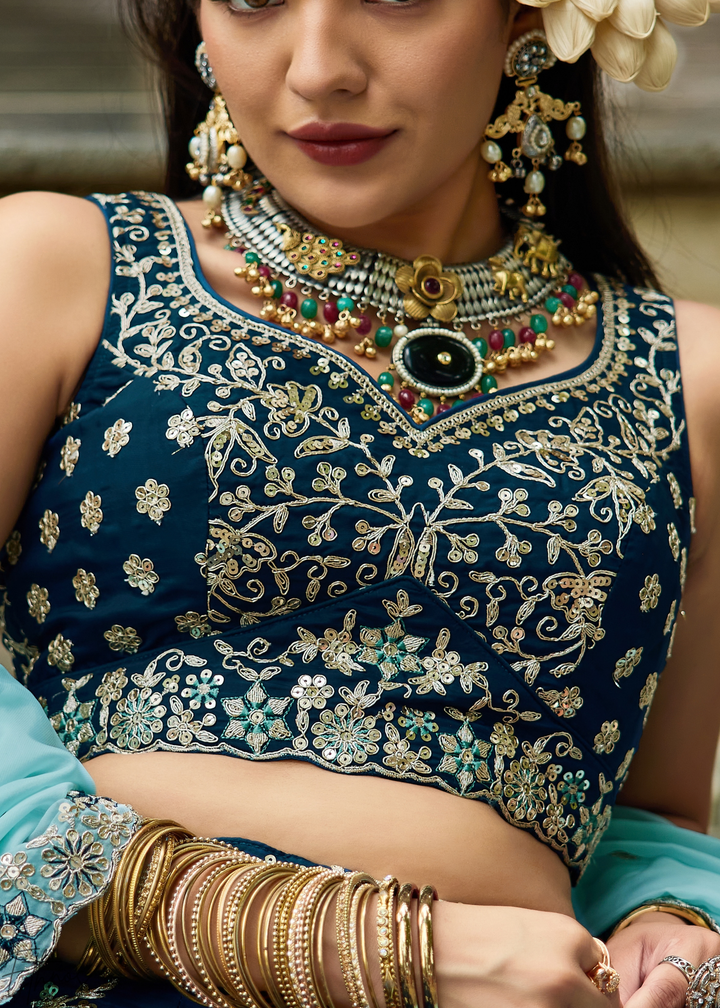 Sapphire Cobalt Radiant Blossom Organza Lehenga