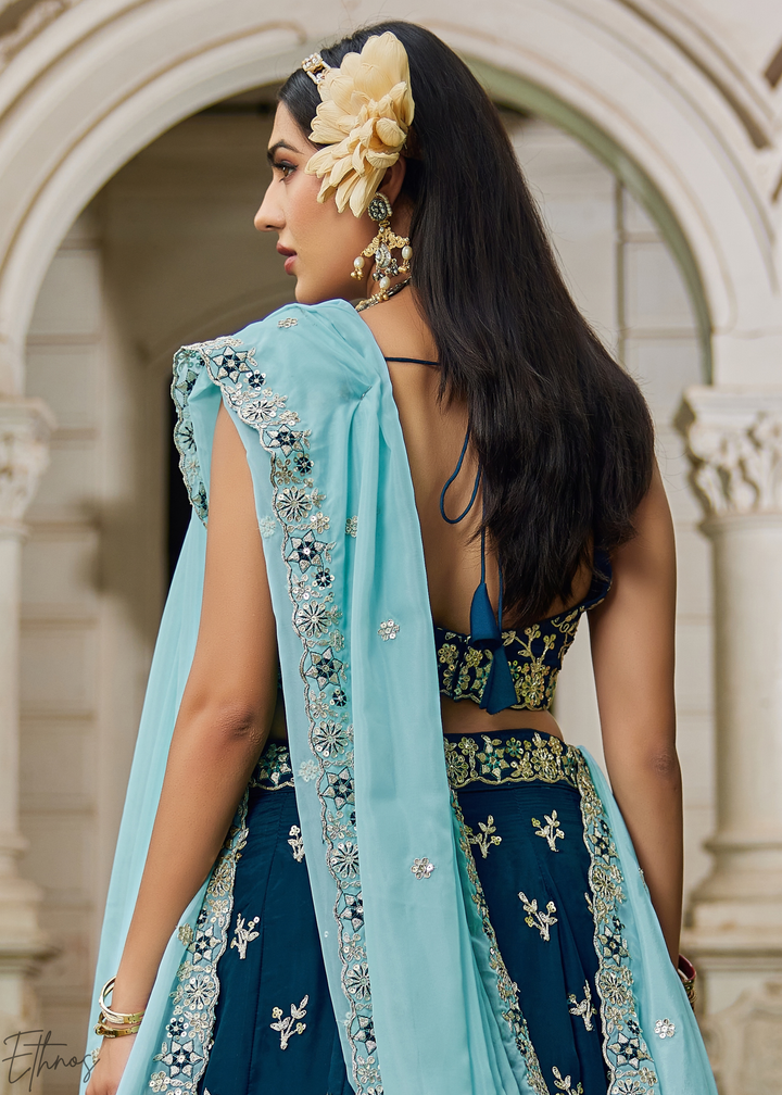 Sapphire Cobalt Radiant Blossom Organza Lehenga
