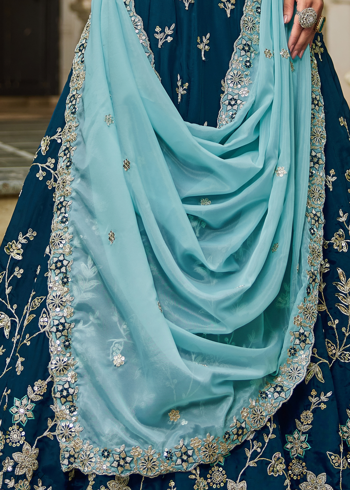 Sapphire Cobalt Radiant Blossom Organza Lehenga