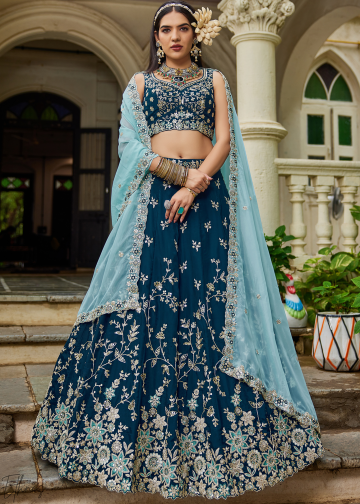 Sapphire Cobalt Radiant Blossom Organza Lehenga