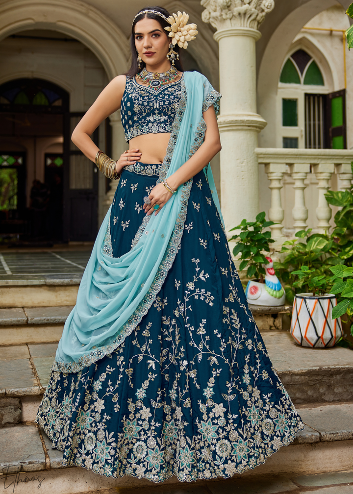 Sapphire Cobalt Radiant Blossom Organza Lehenga