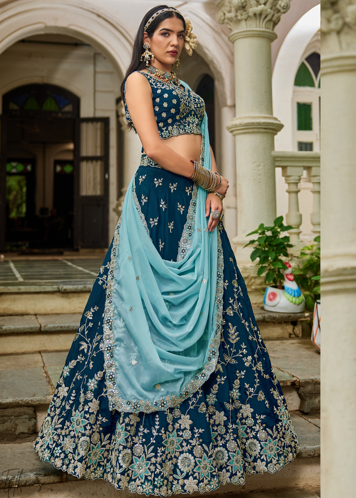 Sapphire Cobalt Radiant Blossom Organza Lehenga