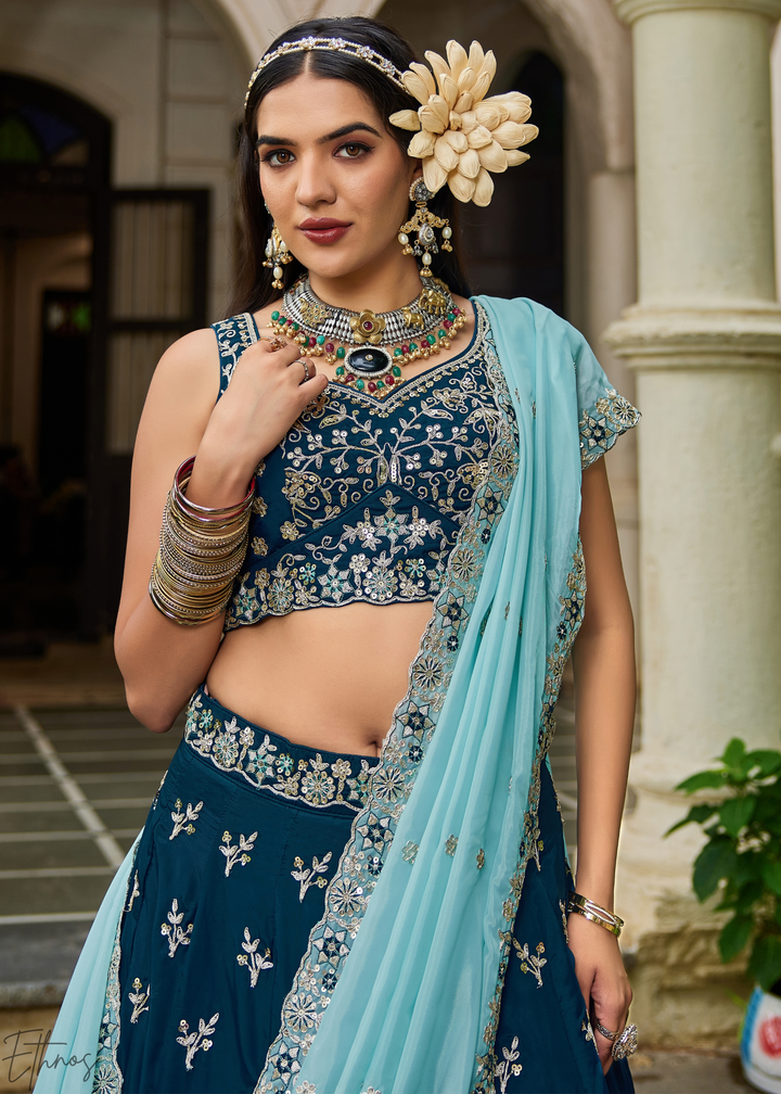 Sapphire Cobalt Radiant Blossom Organza Lehenga
