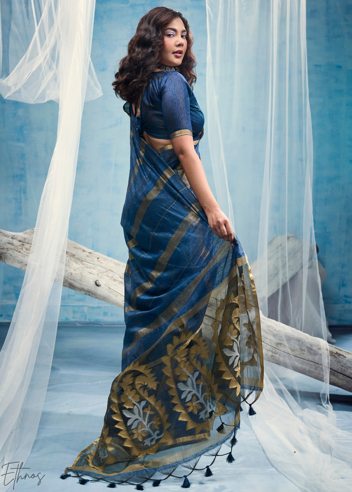 Sapphire Filigree Jamdani Pallu Munga Cotton Saree