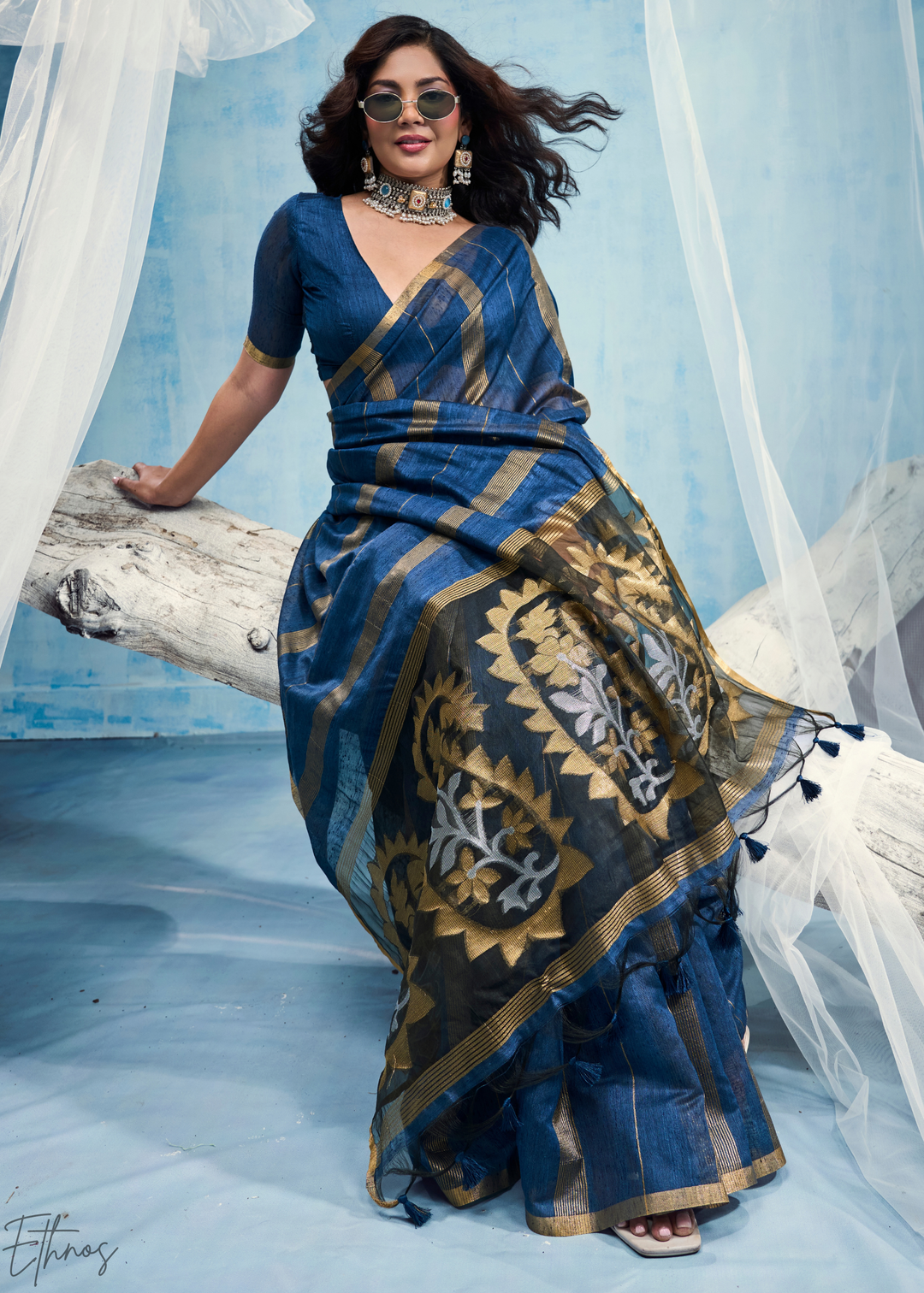 Sapphire Filigree Jamdani Pallu Munga Cotton Saree
