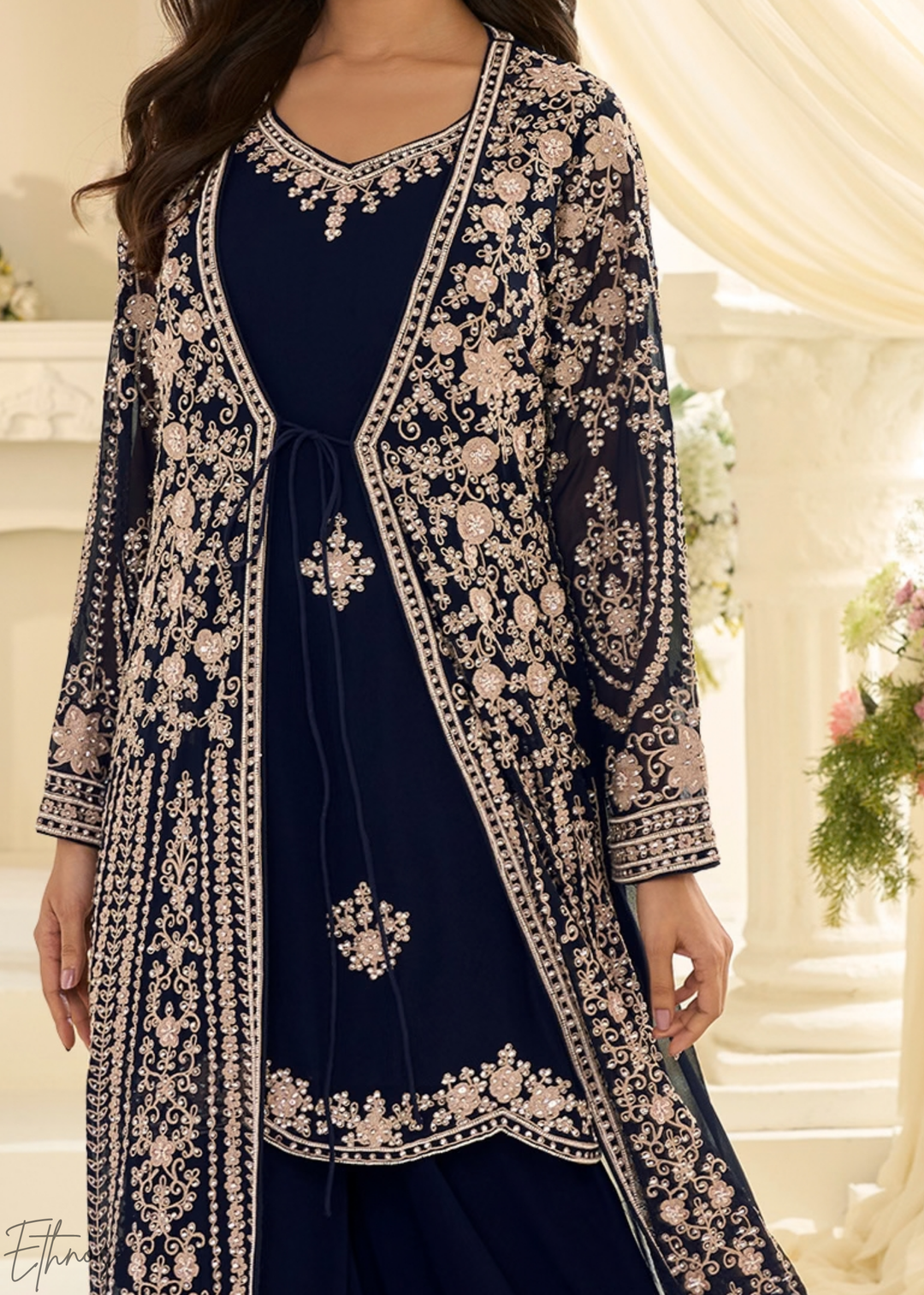 Sapphire Imperial Vine Chinon Silk Jacket Gown Set