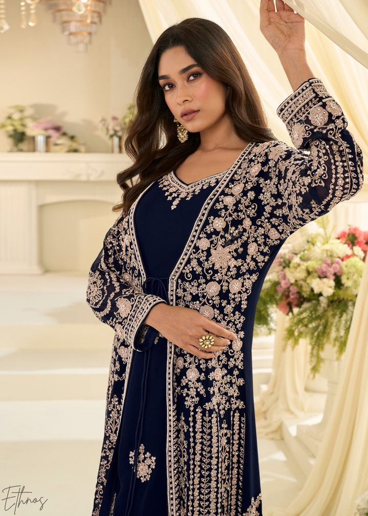 Sapphire Imperial Vine Chinon Silk Jacket Gown Set