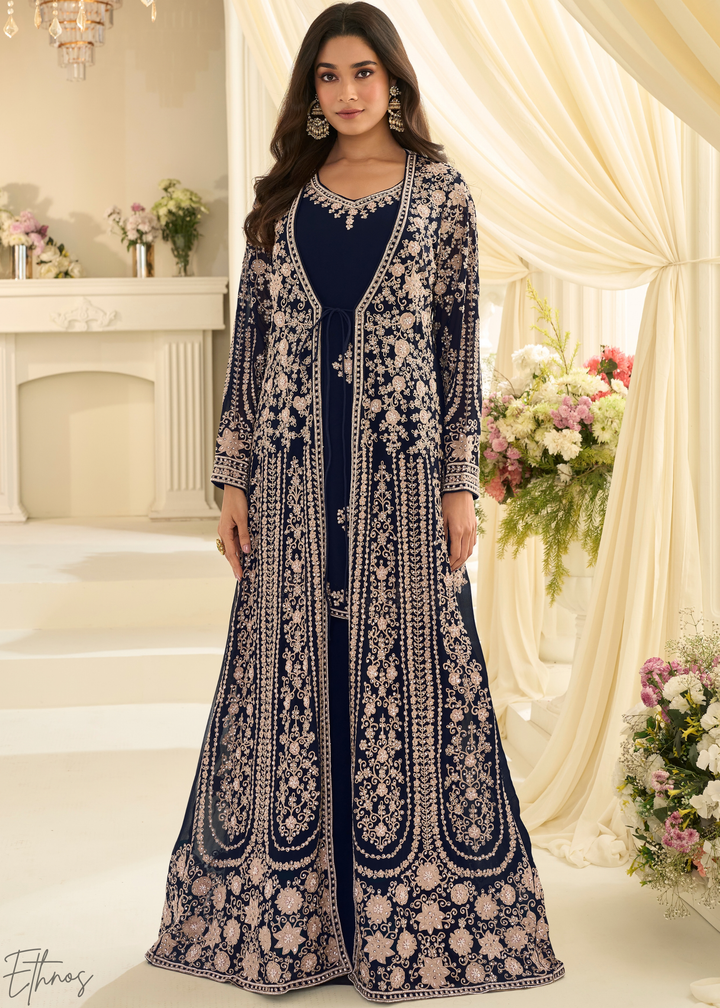 Sapphire Imperial Vine Chinon Silk Jacket Gown Set