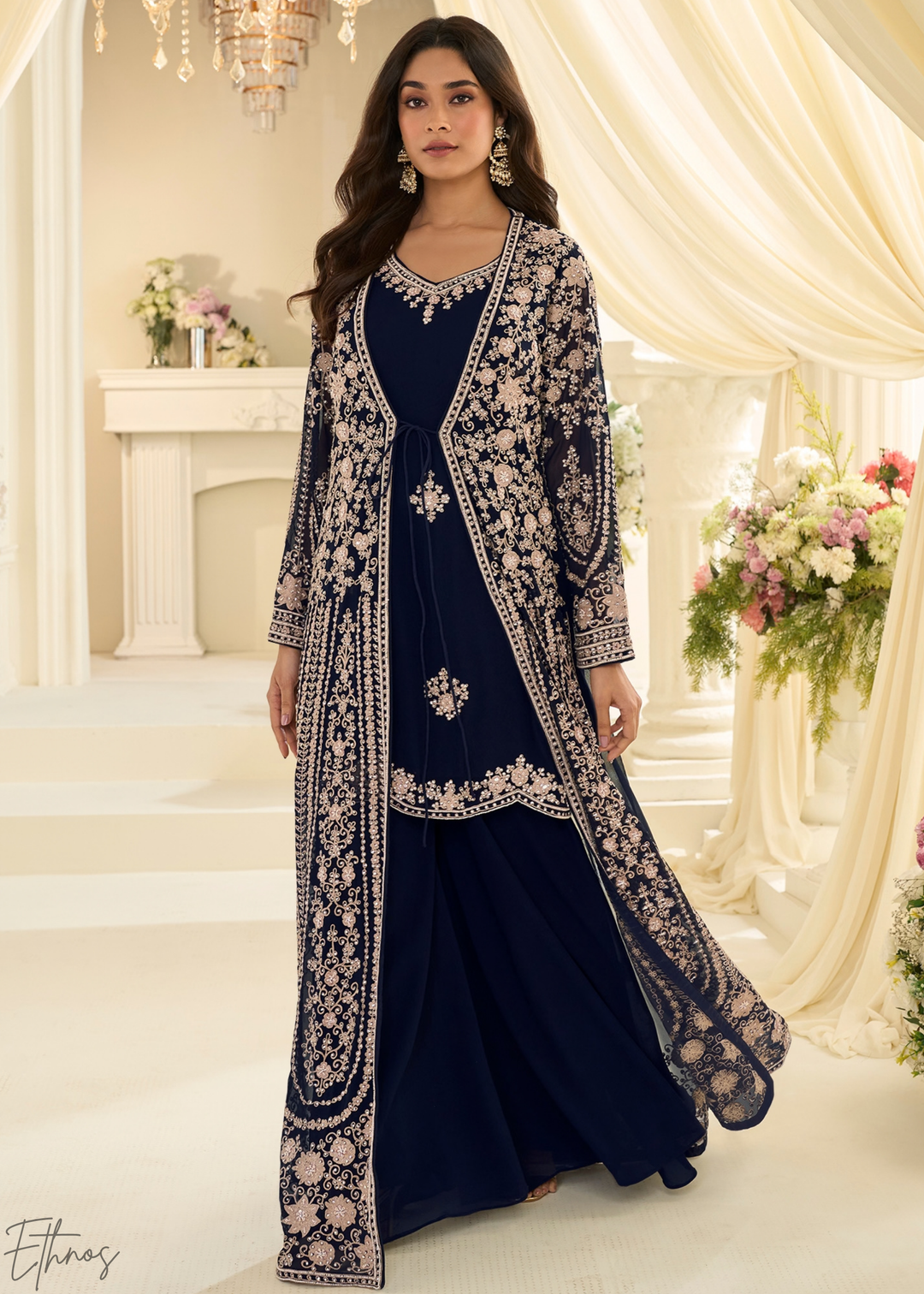 Sapphire Imperial Vine Chinon Silk Jacket Gown Set