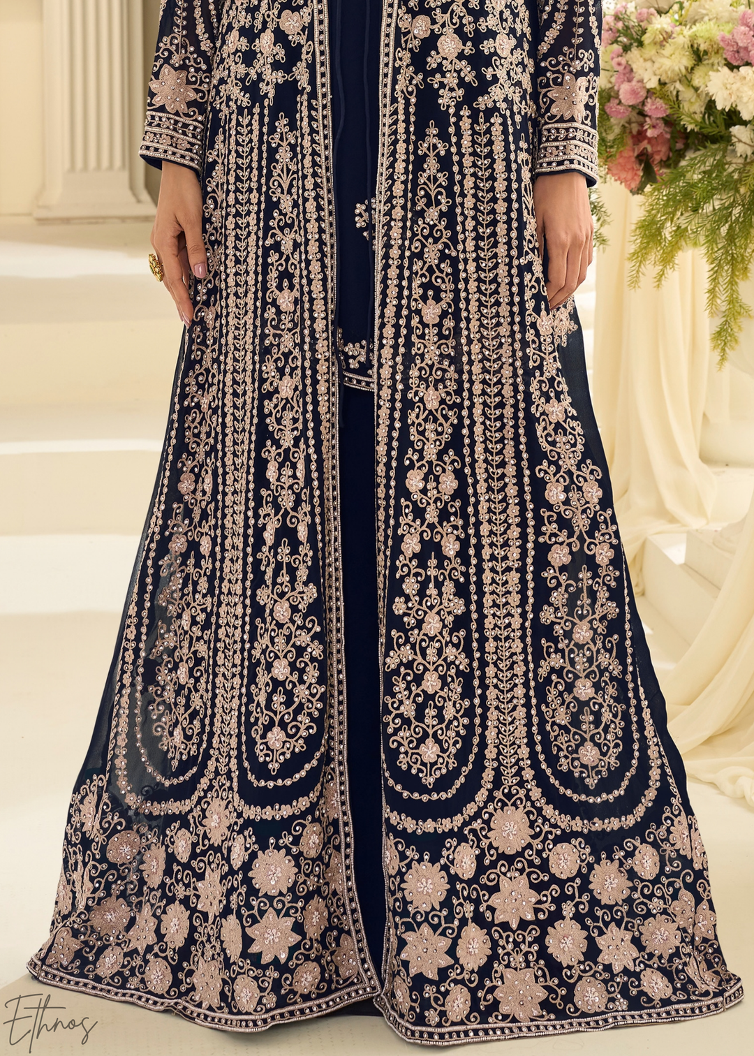 Sapphire Imperial Vine Chinon Silk Jacket Gown Set