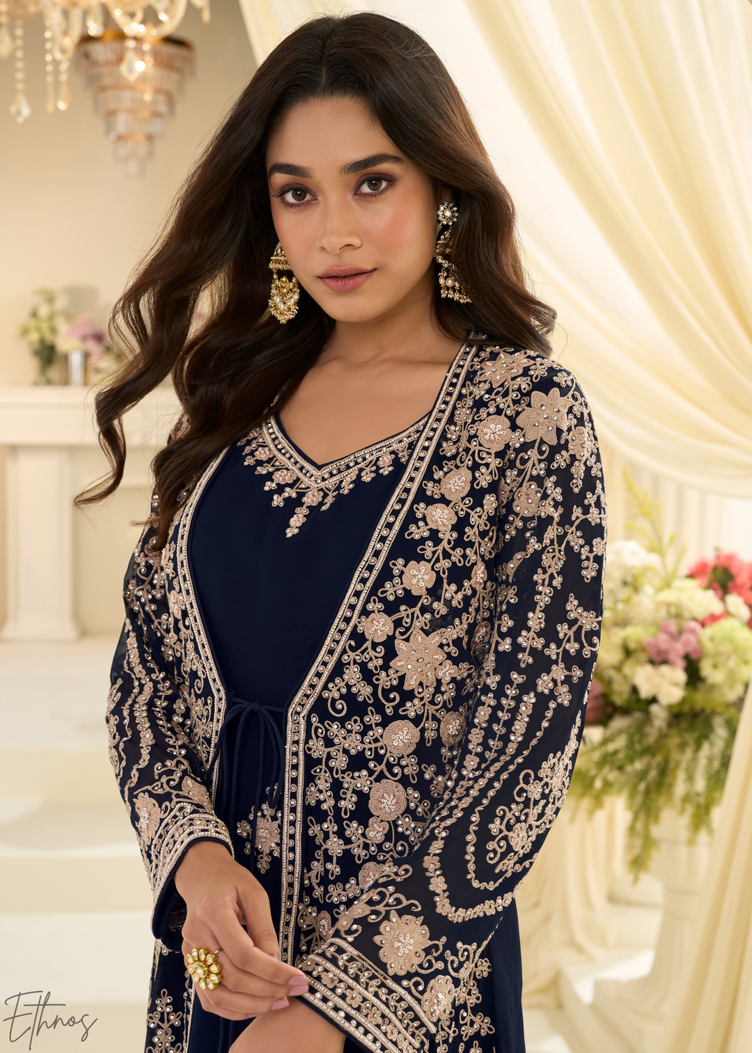 Sapphire Imperial Vine Chinon Silk Jacket Gown Set