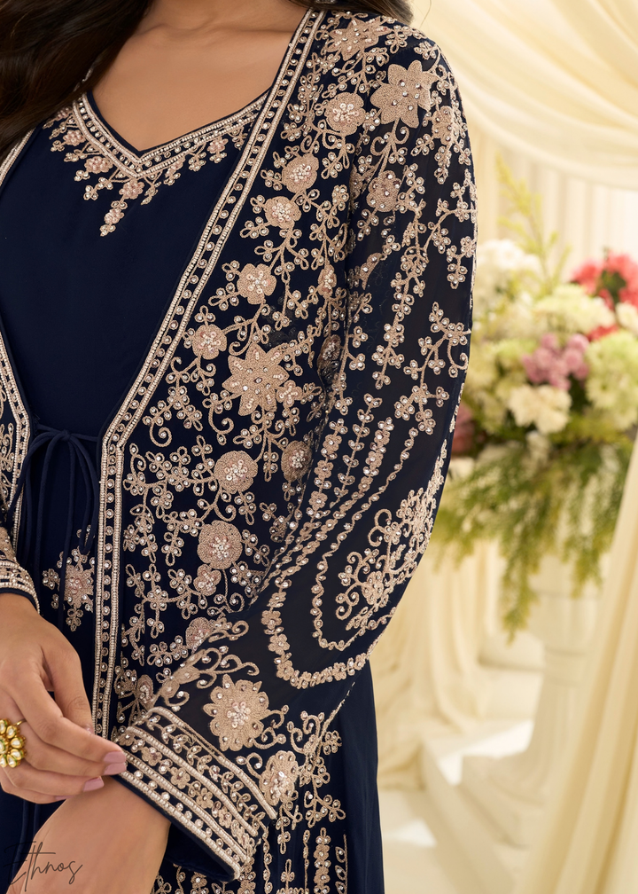 Sapphire Imperial Vine Chinon Silk Jacket Gown Set