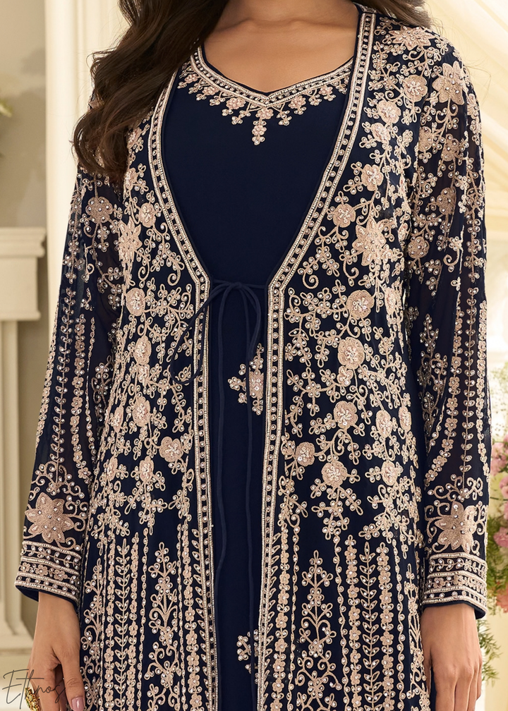 Sapphire Imperial Vine Chinon Silk Jacket Gown Set