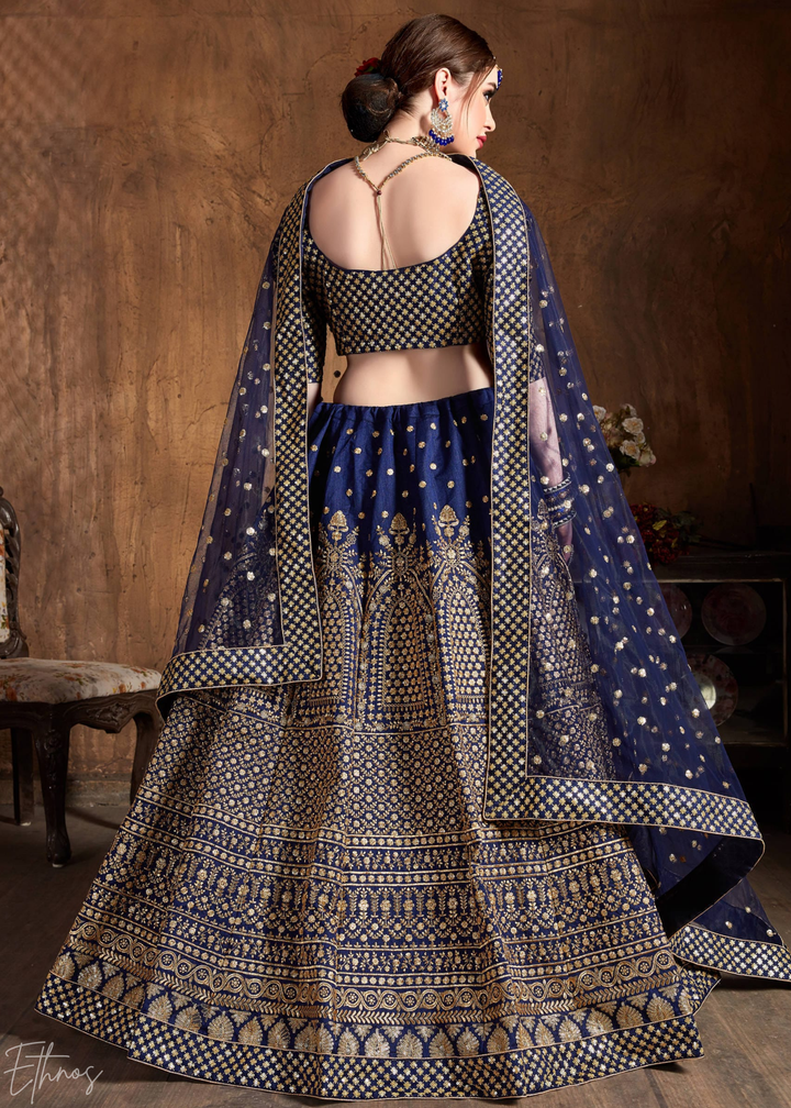 Sapphire Navy Intricate Brocade Raw Silk Lehenga Choli