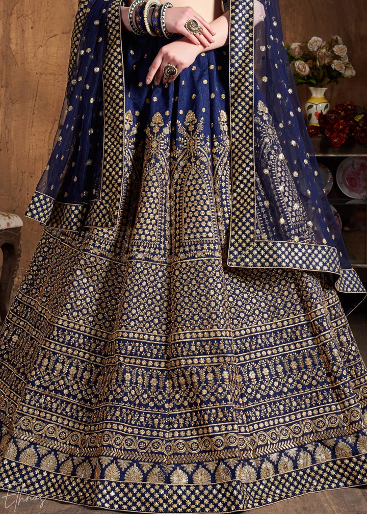 Sapphire Navy Intricate Brocade Raw Silk Lehenga Choli