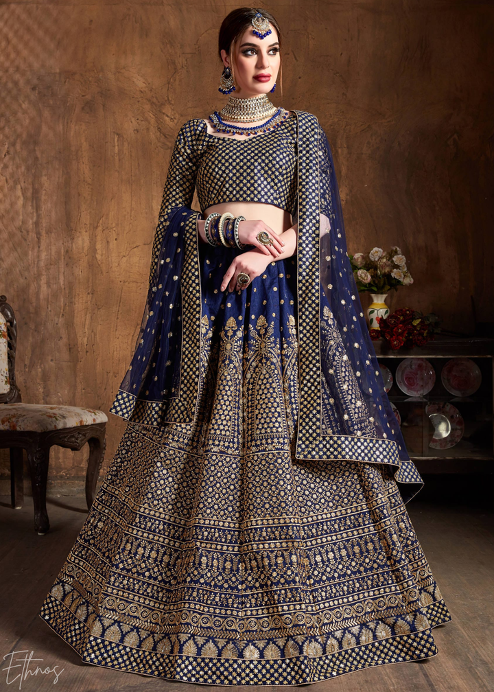 Sapphire Navy Intricate Brocade Raw Silk Lehenga Choli