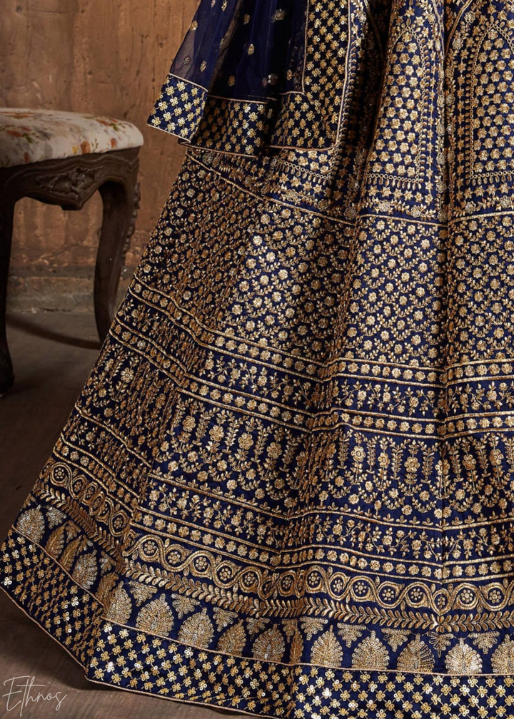 Sapphire Navy Intricate Brocade Raw Silk Lehenga Choli