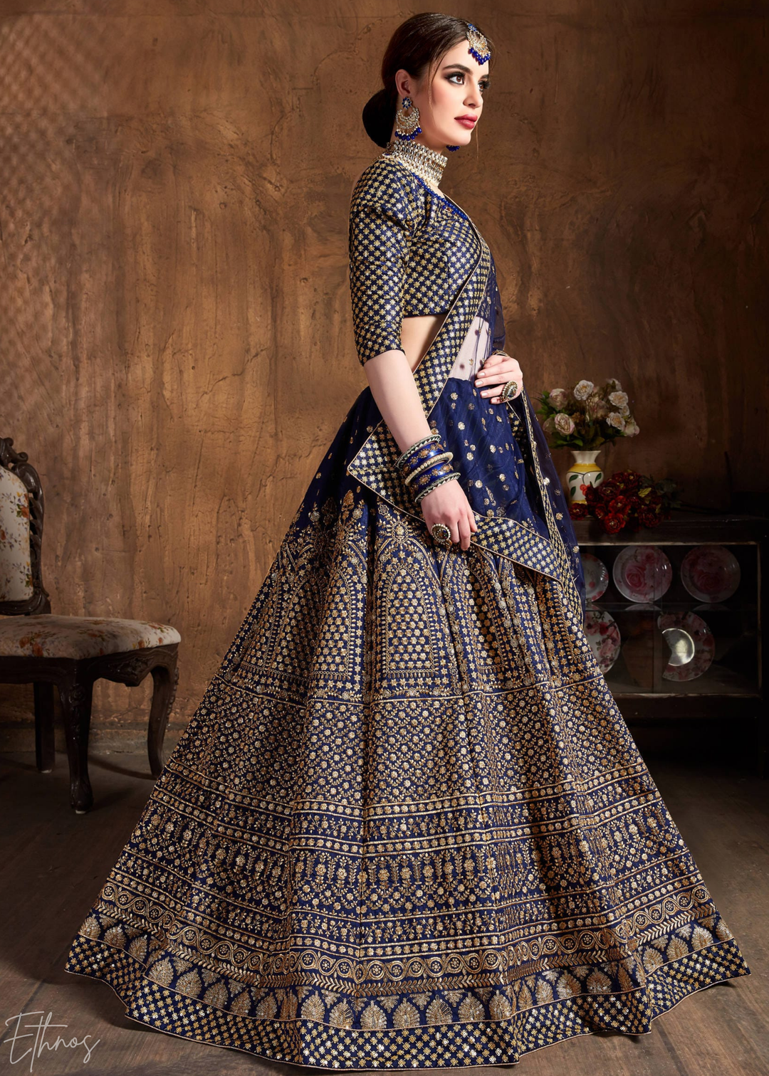 Sapphire Navy Intricate Brocade Raw Silk Lehenga Choli