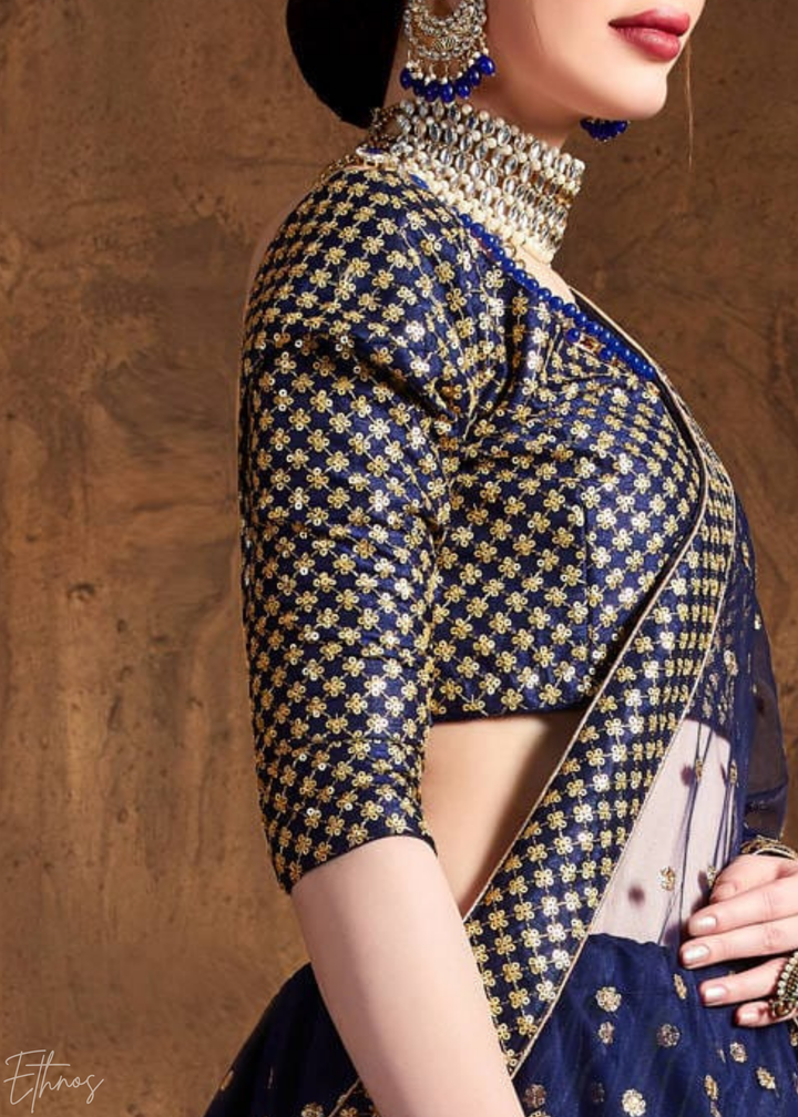 Sapphire Navy Intricate Brocade Raw Silk Lehenga Choli
