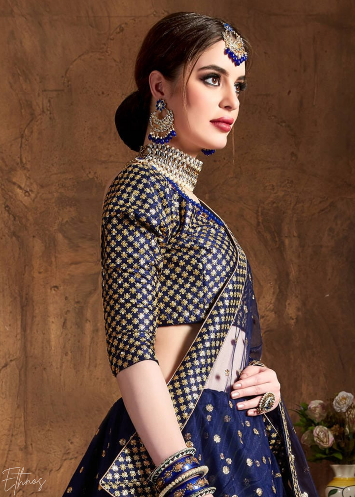 Sapphire Navy Intricate Brocade Raw Silk Lehenga Choli