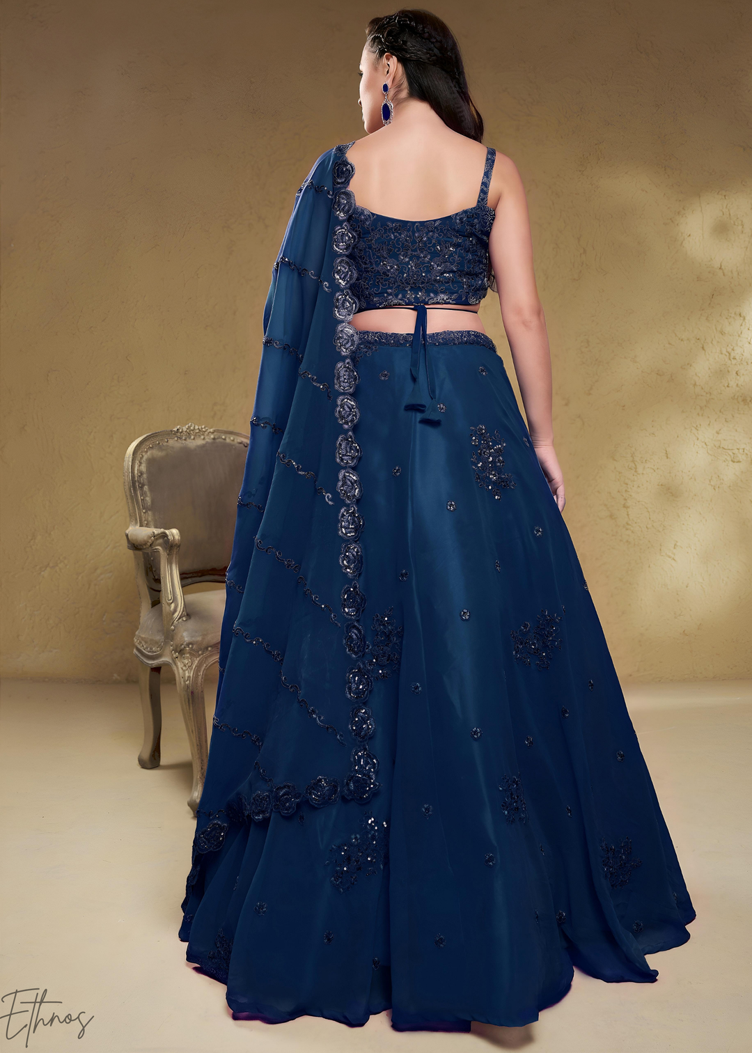 Sapphire Navy Raised Rosette Georgette Lehenga Choli