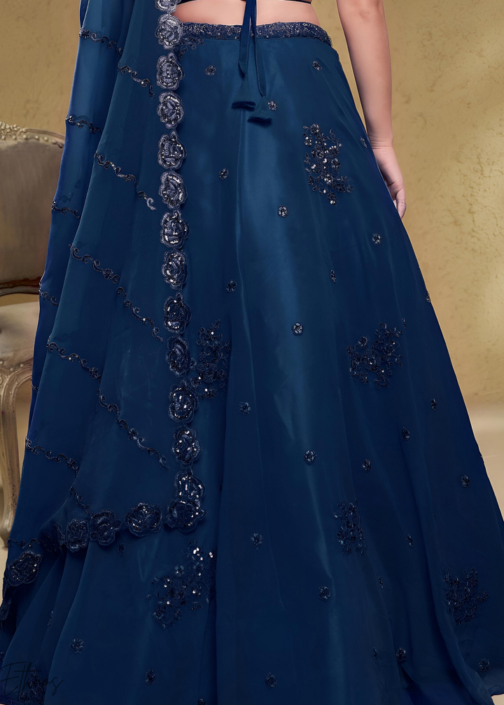 Sapphire Navy Raised Rosette Georgette Lehenga Choli