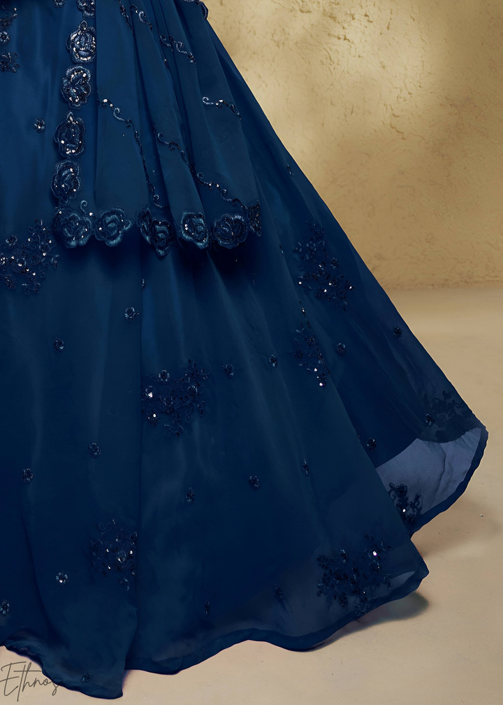 Sapphire Navy Raised Rosette Georgette Lehenga Choli