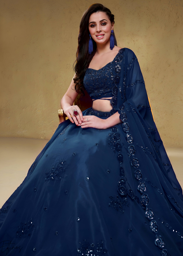 Sapphire Navy Raised Rosette Georgette Lehenga Choli
