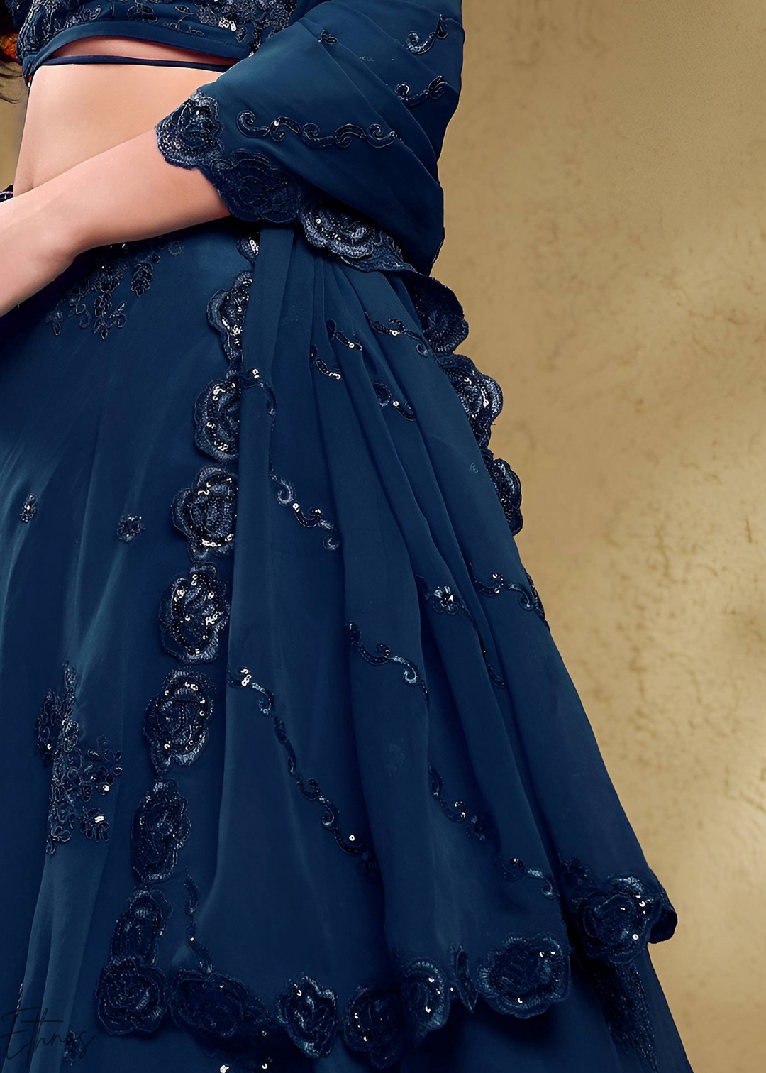 Sapphire Navy Raised Rosette Georgette Lehenga Choli