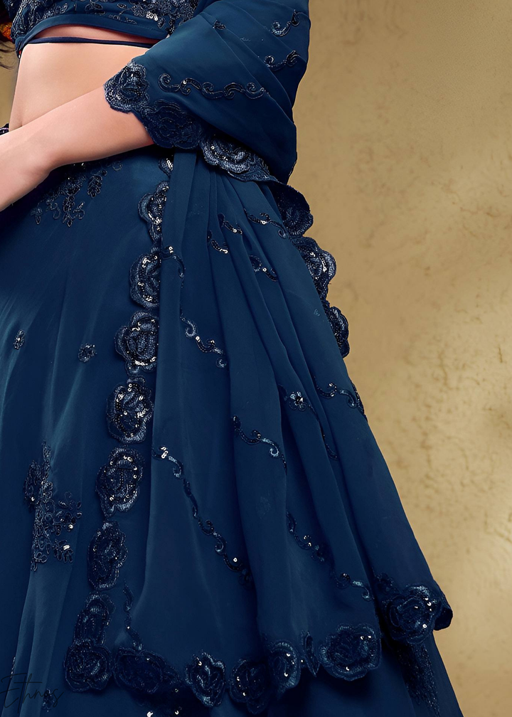 Sapphire Navy Raised Rosette Georgette Lehenga Choli