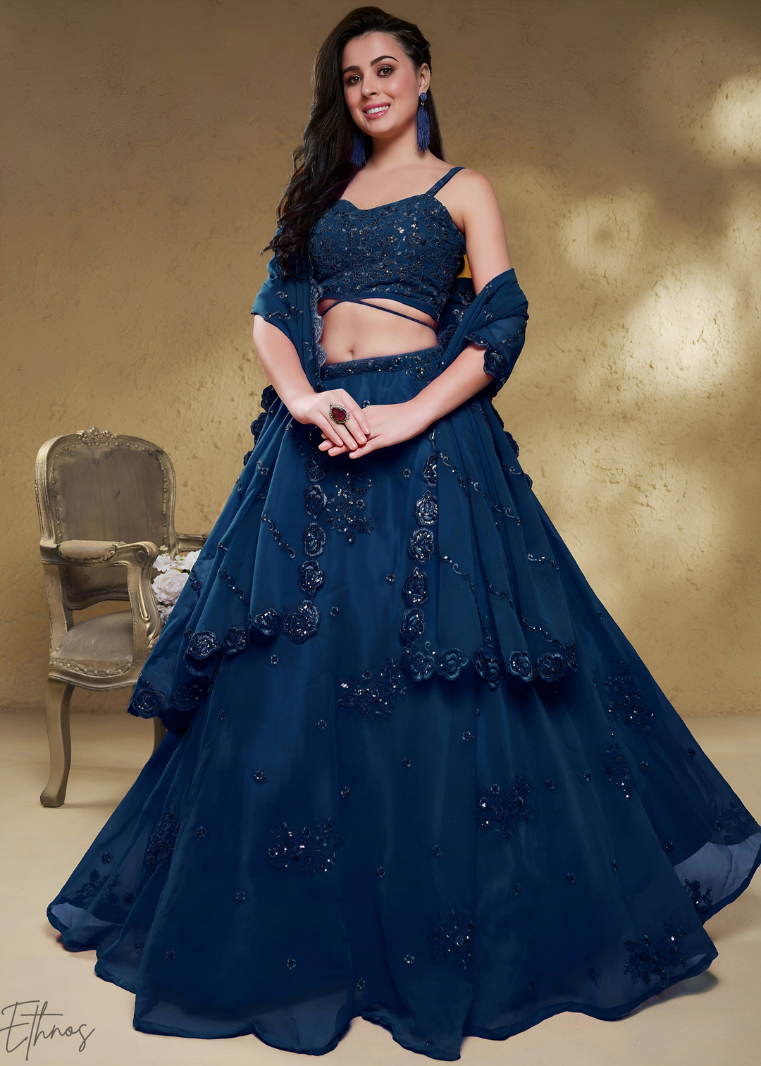 Sapphire Navy Raised Rosette Georgette Lehenga Choli
