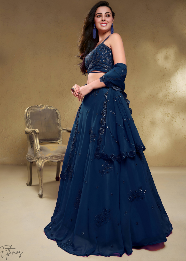 Sapphire Navy Raised Rosette Georgette Lehenga Choli