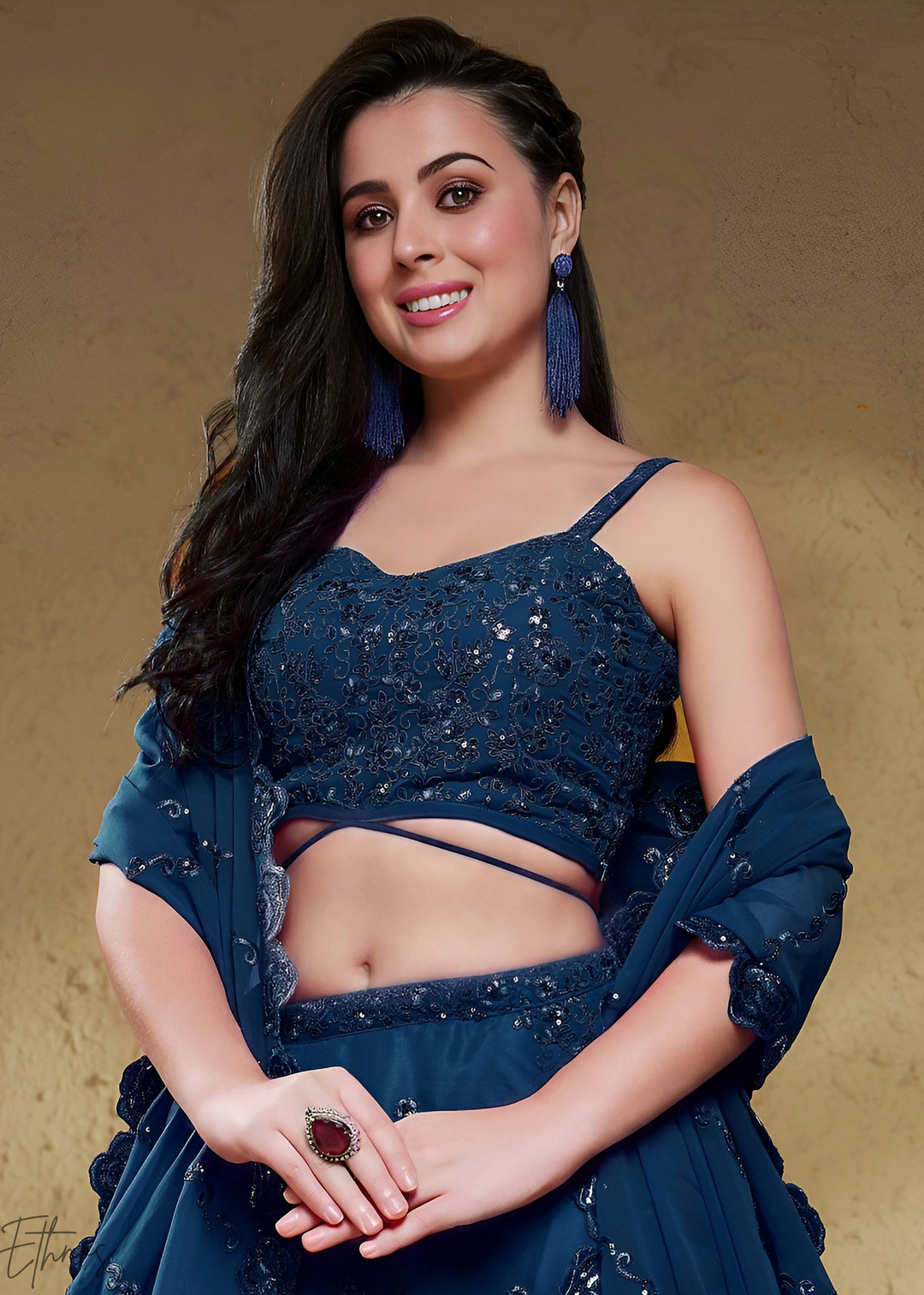Sapphire Navy Raised Rosette Georgette Lehenga Choli