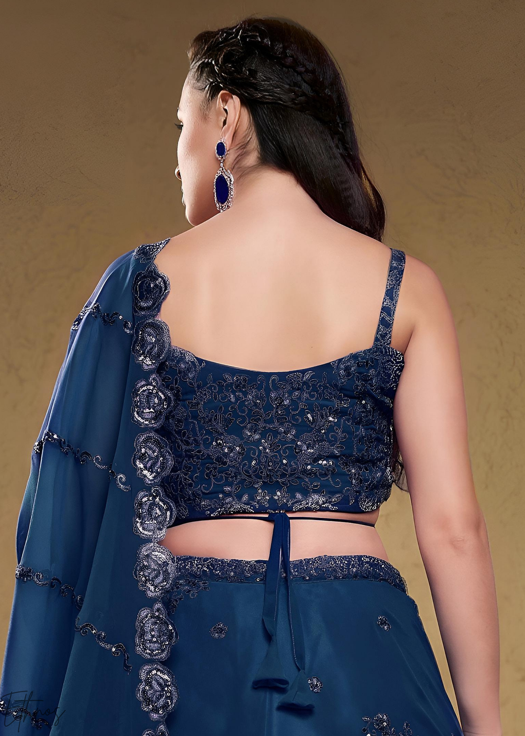 Sapphire Navy Raised Rosette Georgette Lehenga Choli