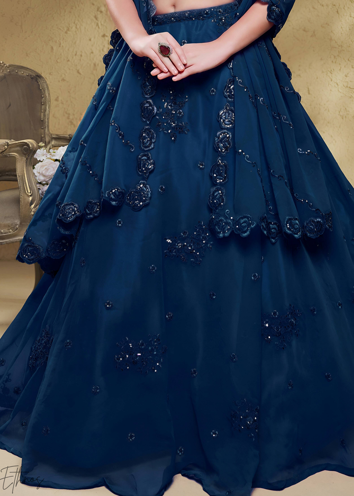 Sapphire Navy Raised Rosette Georgette Lehenga Choli