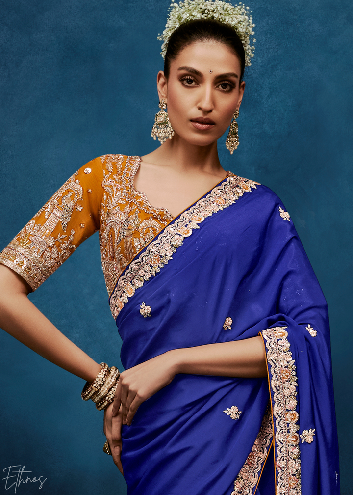 Sapphire Navy Tambour Embroidered Border Tissue Saree