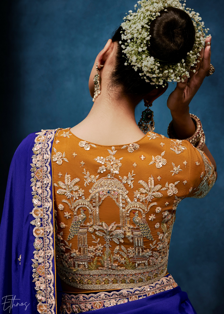 Sapphire Navy Tambour Embroidered Border Tissue Saree