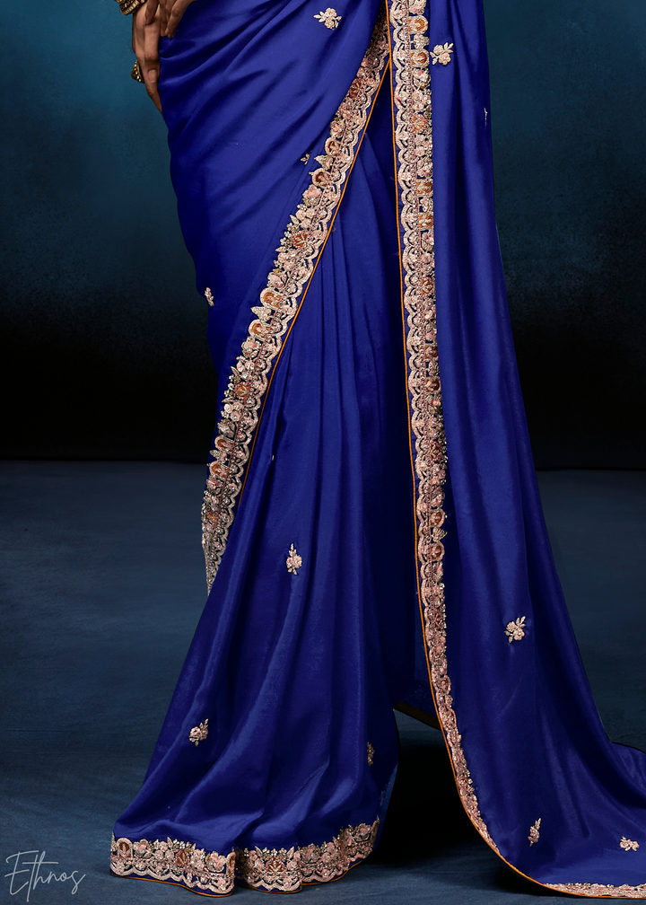Sapphire Navy Tambour Embroidered Border Tissue Saree