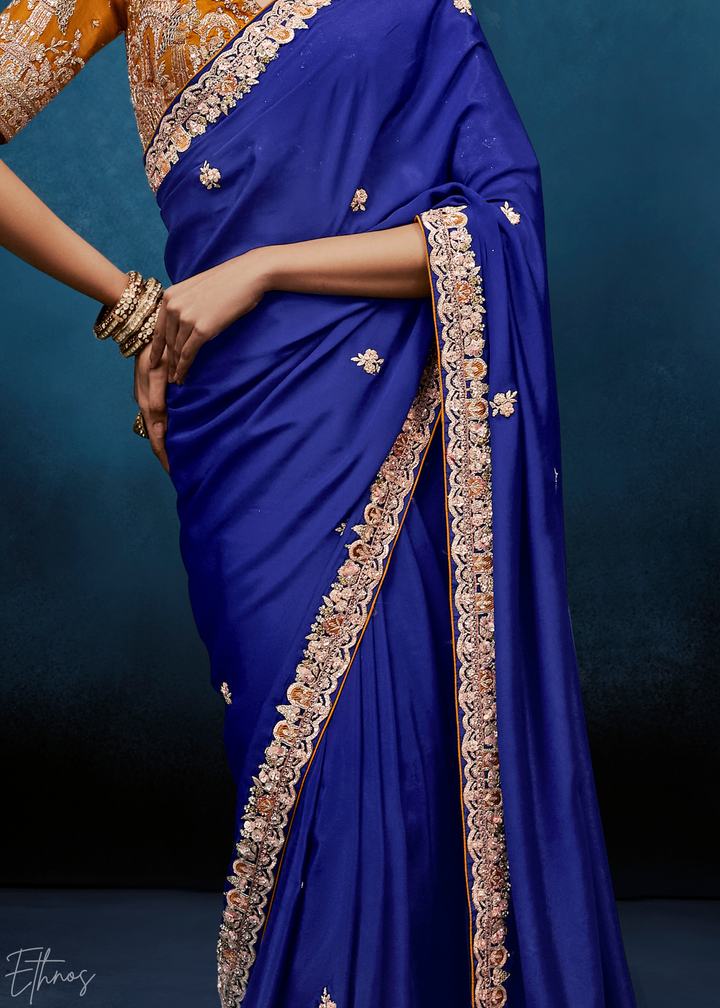 Sapphire Navy Tambour Embroidered Border Tissue Saree