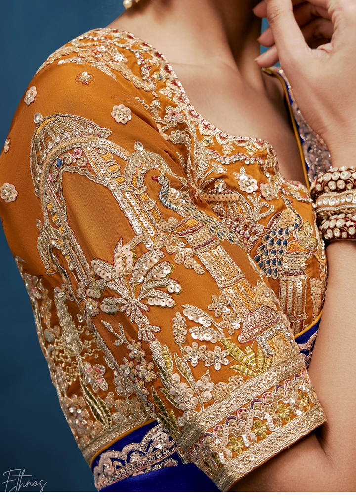 Sapphire Navy Tambour Embroidered Border Tissue Saree