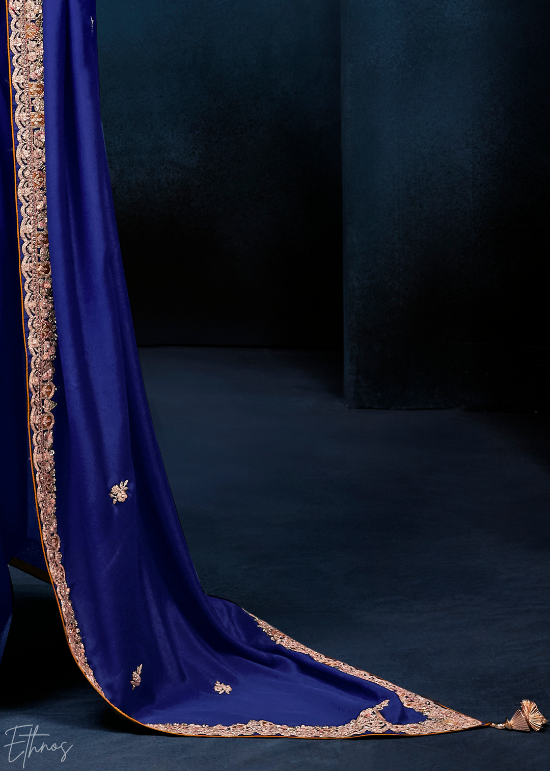 Sapphire Navy Tambour Embroidered Border Tissue Saree