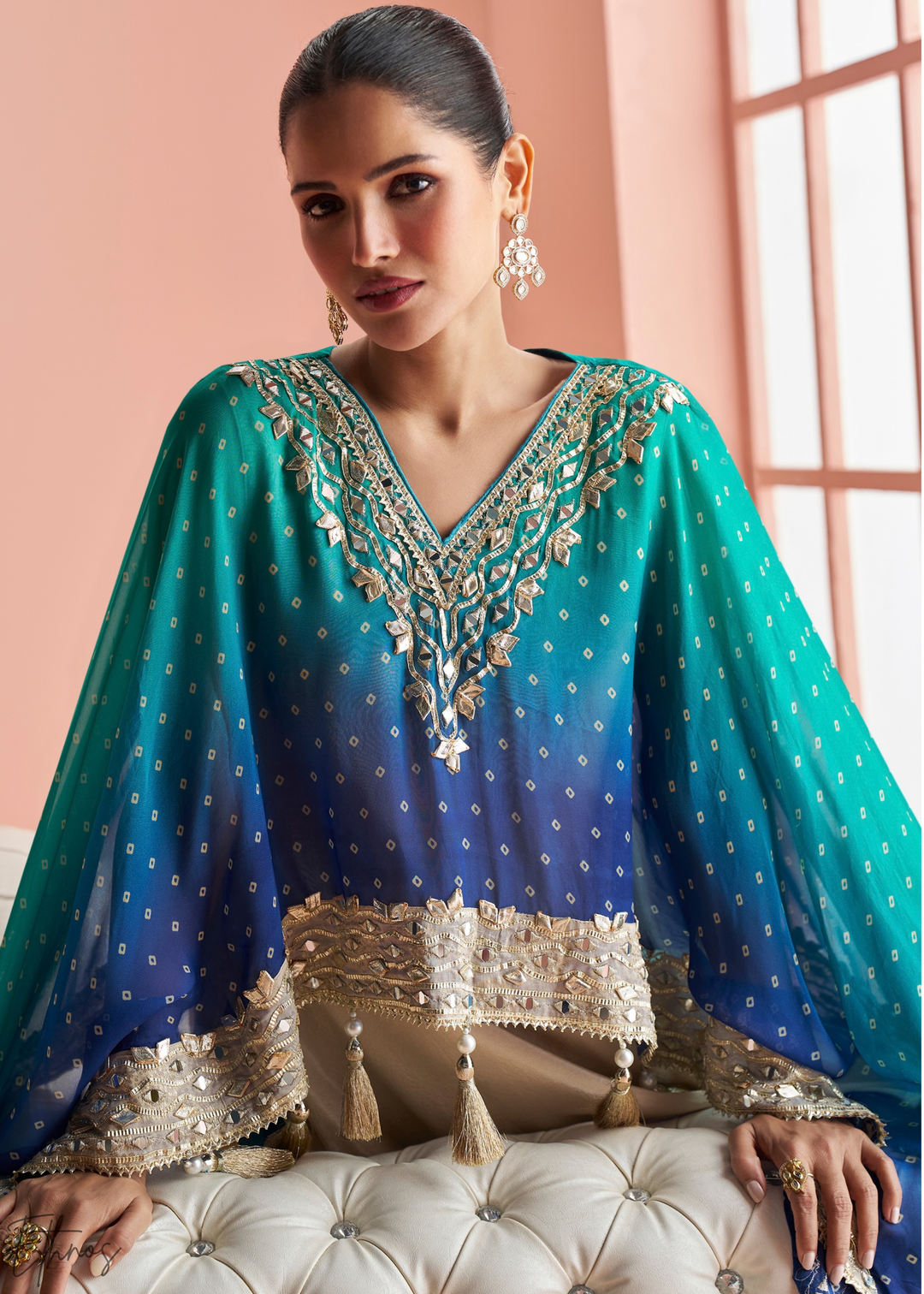Sapphire Ombre Bandhani Shimmer Silk Poncho Sharara Suit