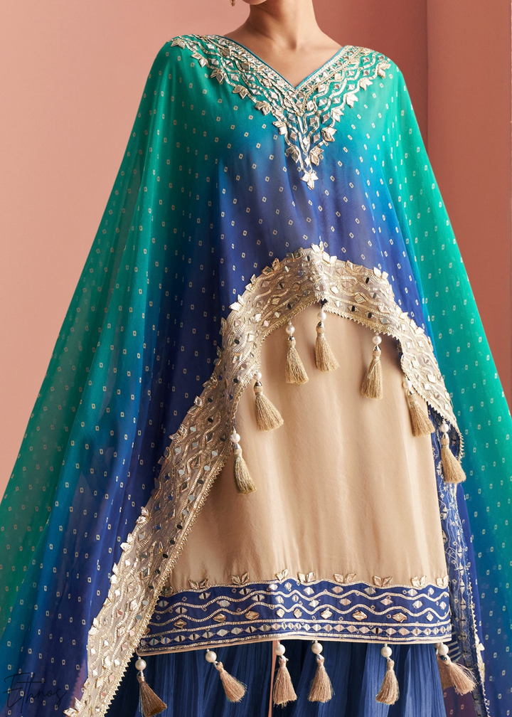 Sapphire Ombre Bandhani Shimmer Silk Poncho Sharara Suit