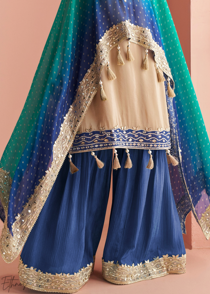 Sapphire Ombre Bandhani Shimmer Silk Poncho Sharara Suit