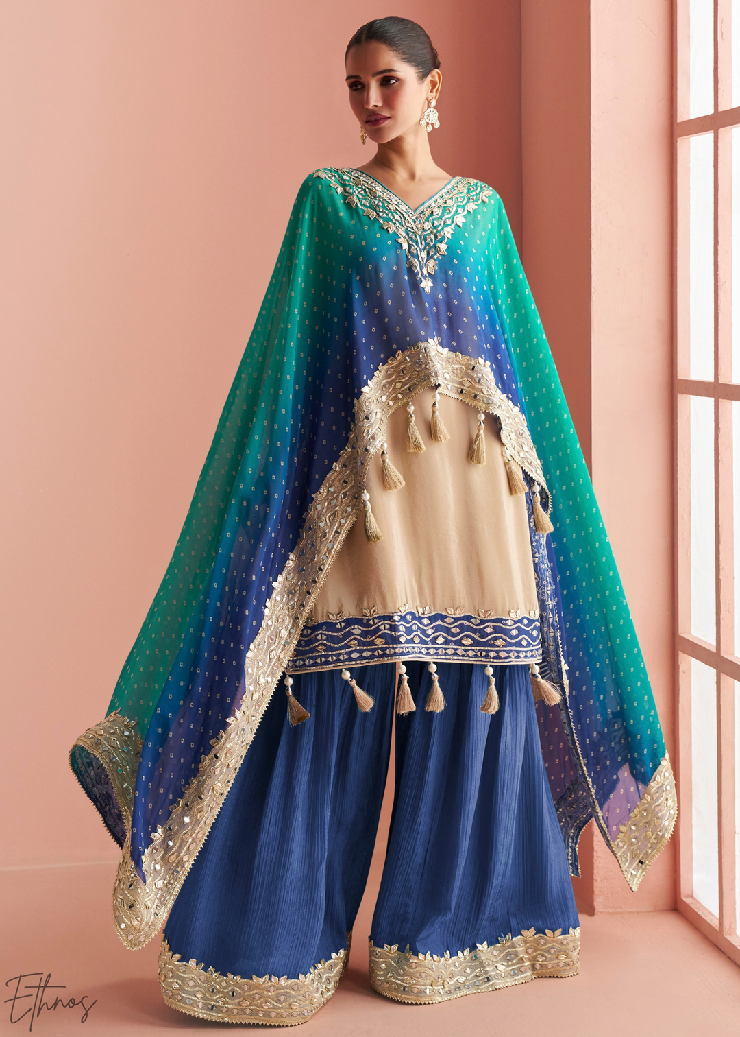 Sapphire Ombre Bandhani Shimmer Silk Poncho Sharara Suit