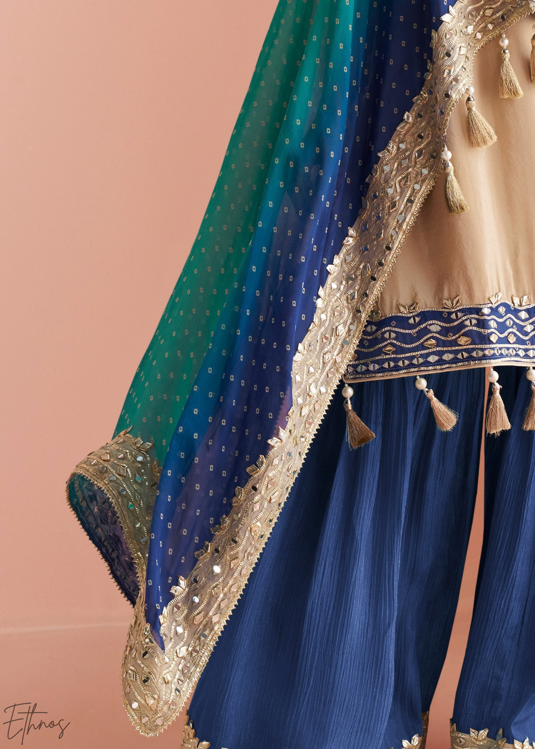 Sapphire Ombre Bandhani Shimmer Silk Poncho Sharara Suit
