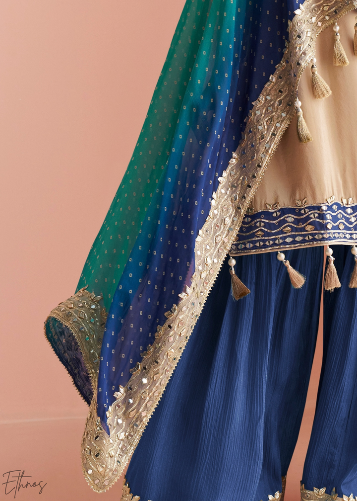 Sapphire Ombre Bandhani Shimmer Silk Poncho Sharara Suit