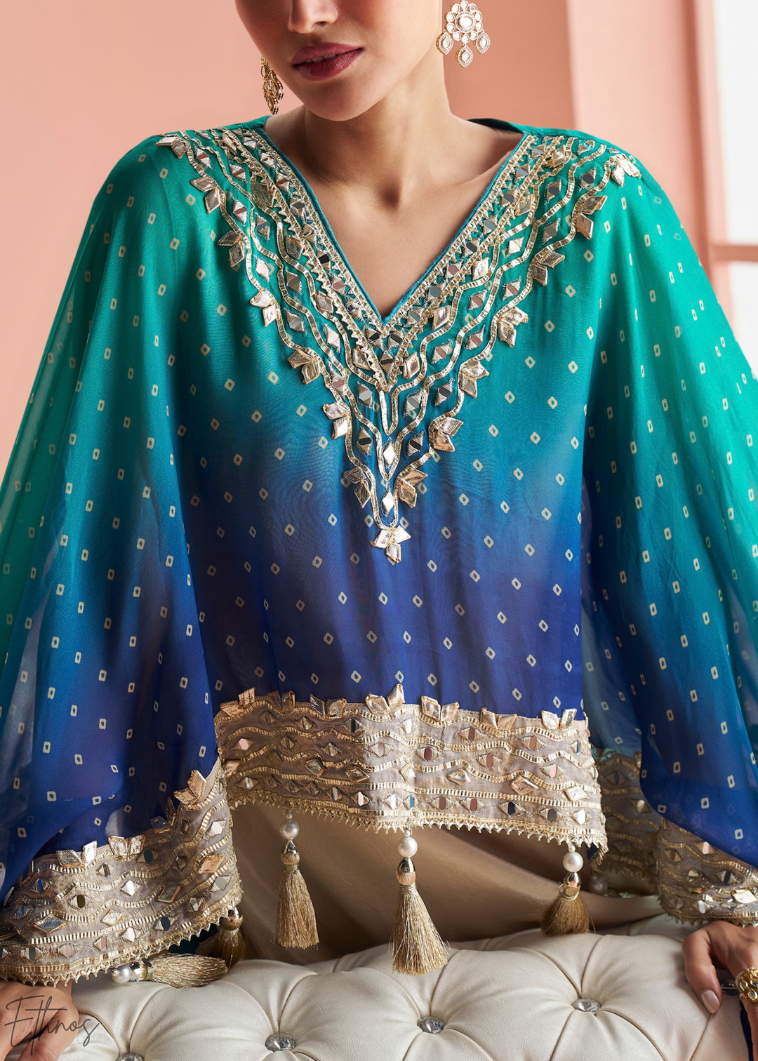 Sapphire Ombre Bandhani Shimmer Silk Poncho Sharara Suit